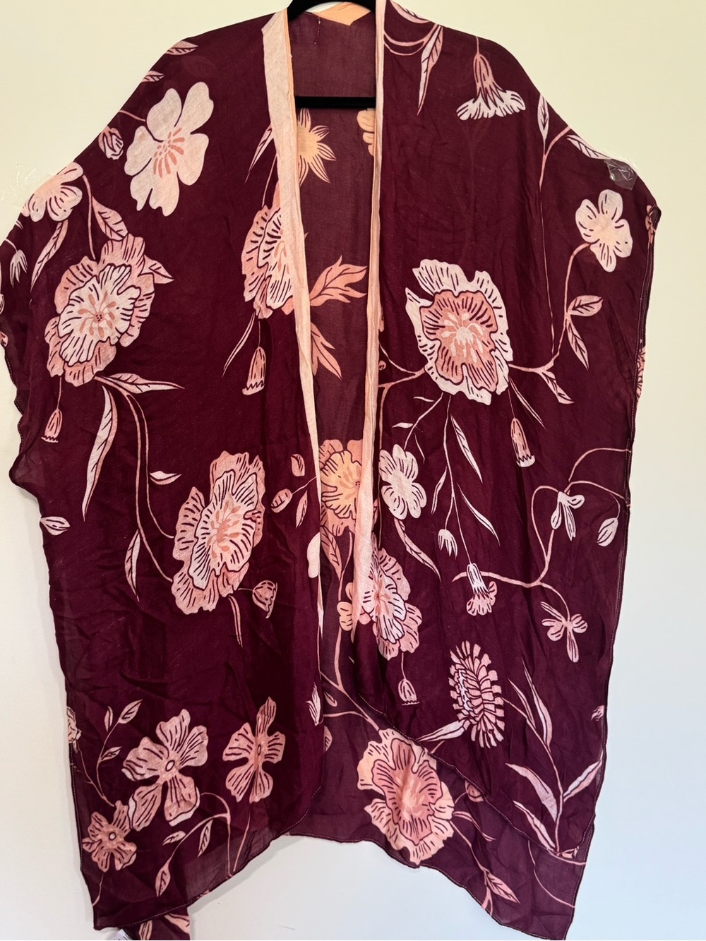 Women's Floral Open-Front Tunic Kimono in Burgundy and Pink